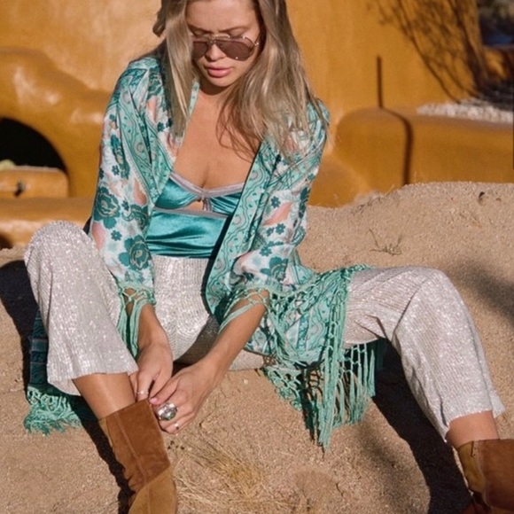 NWOT Arnhem Azalea Kimono Turquoise/White - Picture 2 of 11